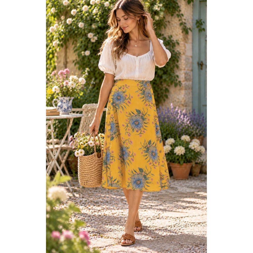 Madewell Women's Silk Side Button Skirt Painted Bloom Yellow Cottagecore Size 2